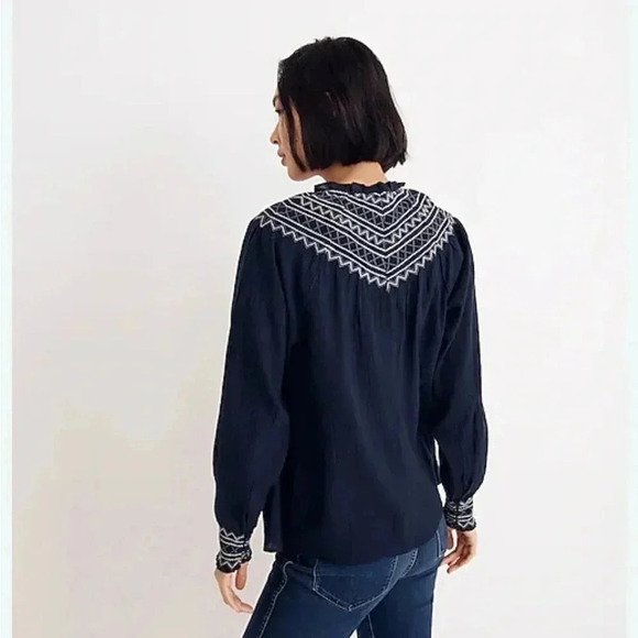 Madewell Navy Blue Embroidered Smock Neck Top Large - Picture 6 of 8